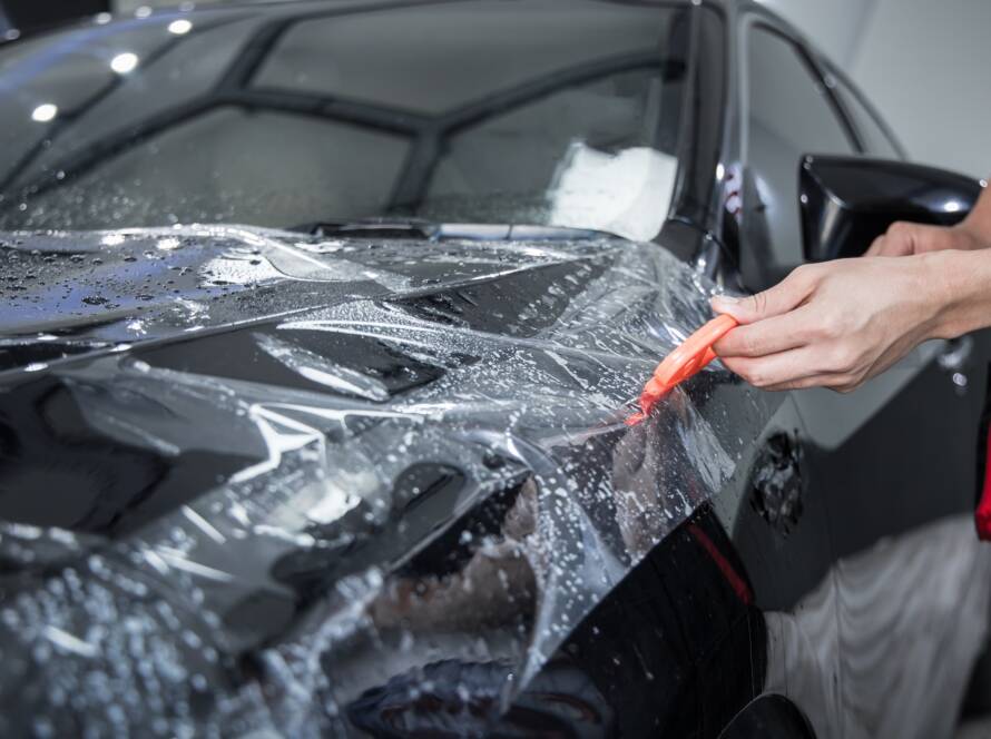 Mechanic installs car paint protection film.